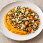 Toasted Buckwheat and White Beans, Squash Cream and Chives — Serving Illustration - Fresh Start 30: A Journey To Better Health Illustrative serving suggestion: toasted buckwheat and white beans with squash cream, roasted squash, pear, pepitas and chives, one portion.